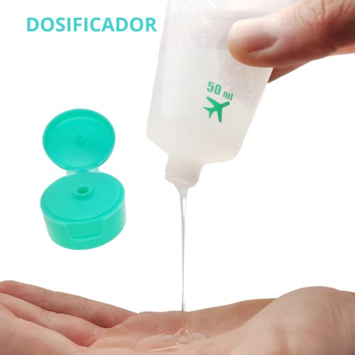 Botes RELLENABLES y Transparentes para Viajar en Avión | Neceser de Aseo Mujeres Hombres y Niños| Recipientes de Silicona para Líquidos Cremas y Gel | Kit de Viaje con Accesorios Completos (Verde)