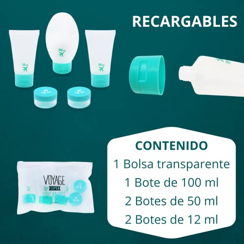 Botes RELLENABLES y Transparentes para Viajar en Avión | Neceser de Aseo Mujeres Hombres y Niños| Recipientes de Silicona para Líquidos Cremas y Gel | Kit de Viaje con Accesorios Completos (Verde)