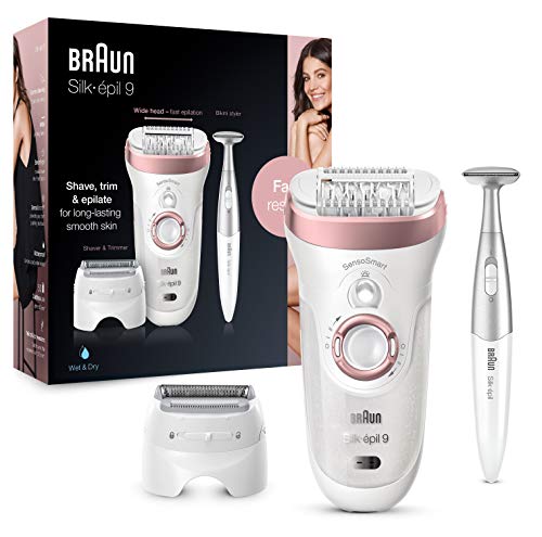 Braun Silk-épil 9 Depiladora Mujer con Tecnologí­a SensoSmart con Cabezal Oscilante y Perfilador Línea Bikini, Uso en Seco y en Mojado, Inalámbrica, 9-890, Blanco/Oro Rosa