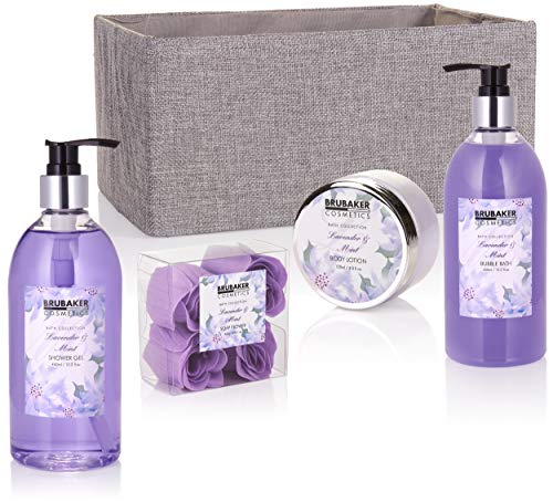 BRUBAKER Cosmetics Set de Baño y Ducha "Lavender & Mint" - Fragancia de Lavanda - Kit de Regalo para Mujer de 12 piezas en caja de Yute Decorativa - Wellness Beauty Spa