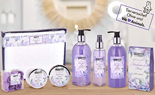 BRUBAKER Cosmetics Set de Baño y Ducha "Lavender & Mint" - Fragancia de Lavanda - Kit de Regalo para Mujer de 12 piezas en caja de Yute Decorativa - Wellness Beauty Spa