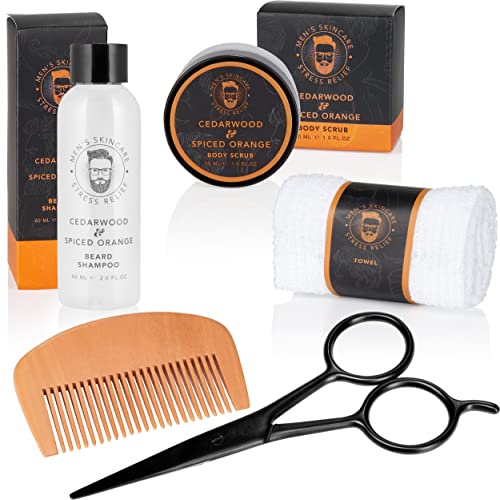 BRUBAKER Kit de 9 Piezas para el Cuidado de la Barba y la Cara con Champú, Aceite, Bálsamo, Cepillo, Crema para la Cara, Pelar, Peine, Tijeras, Guante para Lavar - Regalos para Hombres