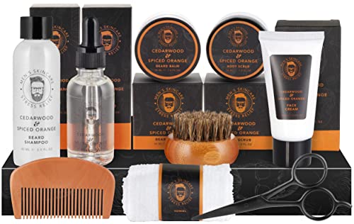 BRUBAKER Kit de 9 Piezas para el Cuidado de la Barba y la Cara con Champú, Aceite, Bálsamo, Cepillo, Crema para la Cara, Pelar, Peine, Tijeras, Guante para Lavar - Regalos para Hombres