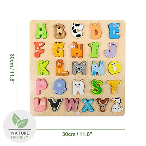 Budding Bear Puzzle de Madera Letras de Alfabeto Animales - Madera Natural 100% Ecológica - Sin Químicos, Plástico y Toxinas – 26 Piezas + Tablero - Puzzle Niños 3 Años+ Nombres Animales en Inglés