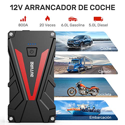 BuTure Arrancador de Coches, 800A 12800mAh Arrancador de Baterias de Coche para 6.0L Gasolina o 5.0L Diesel (800A)