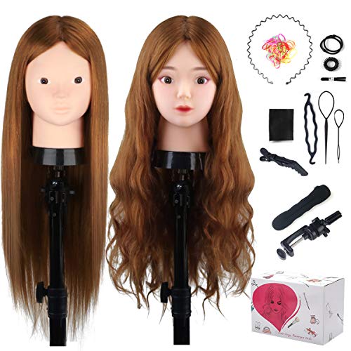 Cabeza de Maniquí, MYSWEETY 20" 50% Cabello Humano Real Practicas Formación Muñeca De La Cosmetología Práctica Maniquí Muñeca Para Peluquería con Abrazadera De Mesa + Accesorios de Peinado DIY