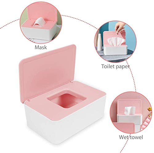 Caja de pañuelos húmedos, caja de pañuelos de bebé, dispensador de toallitas húmedas, caja dispensadora de toallitas, caja de pañuelos húmedos para bebé con cierre de tapa (rosa + blanco)