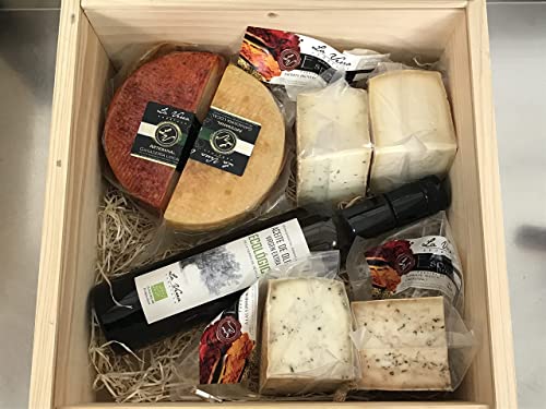 Caja Regalo GOURMET (PACK F-G) -GRANDE- 2 Quesos Artesanos (Aceite y Pimentón) + 4 quesos de Vaca variados con ESPECIAS + Botella ACEITE olive v.e. ECOLOGICO