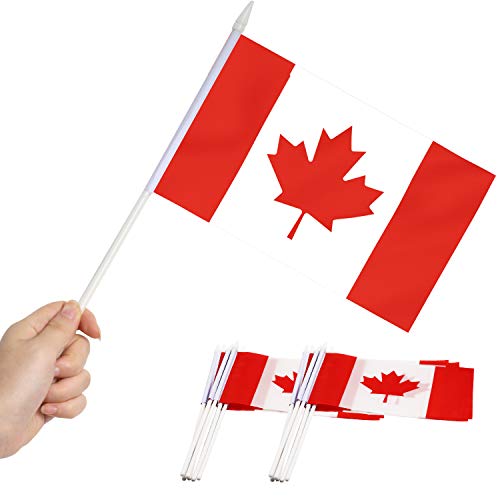 Canada Stick Flag, ANLEY Mini bandera canadiense de 5x8 pulgadas (12 X 20 cm) con poste sólido blanco de 12 "(30 cm) - Color vivo y resistente a la decoloración - Banderas de palo manuales