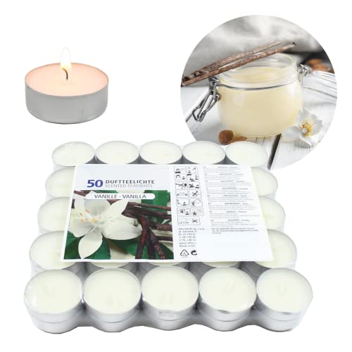 Candelo - Juego de 50 velas de té de - con aroma de vainilla en blanco, carcasa de aluminio, 1,8 x 3,5 cm por vela, 4 horas de combustión