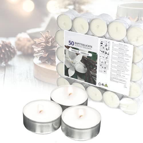 Candelo - Juego de 50 velas de té de - con aroma de vainilla en blanco, carcasa de aluminio, 1,8 x 3,5 cm por vela, 4 horas de combustión