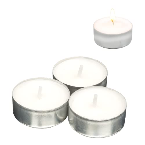 Candelo - Juego de 50 velas de té de - con aroma de vainilla en blanco, carcasa de aluminio, 1,8 x 3,5 cm por vela, 4 horas de combustión