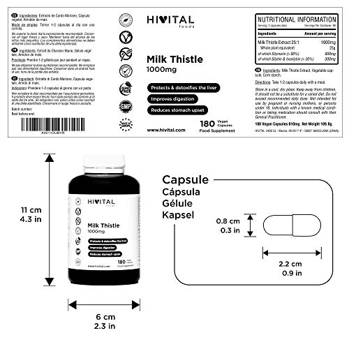 Cardo Mariano 1000 mg | 180 cápsulas veganas (Suministro para 6 meses) | Con un 80% de Silimarina y un 30% de Silibina, desintoxica y protege el hígado, mejora la digestión y reduce el dolor estomacal