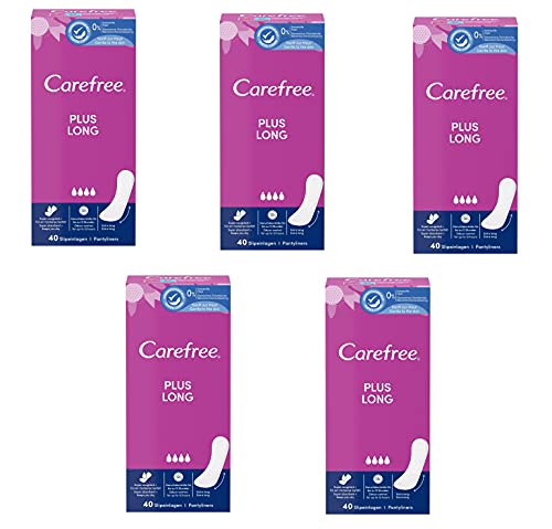 Carefree Salvaslips Plus Long con ligero aroma, extralargos, muy absorbentes y protección adicional, para una sensación de frescor de larga duración. Talla: L/XL (5 paquetes de 40 unidades)