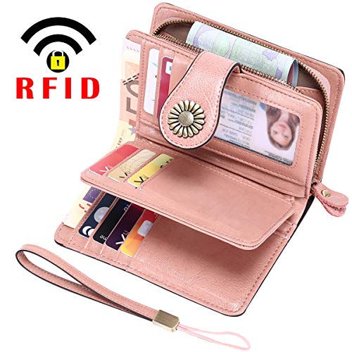 Cartera Mujer Mediana Bloqueo RFID Billeteras Mujer Piel Autentica con Cremallera, Gran Capacidad Billetera Monedero Mujer con Portafoto, Carteras Elegante Mujer con Correa Muñeca 13 Tarjetas (Rosa)