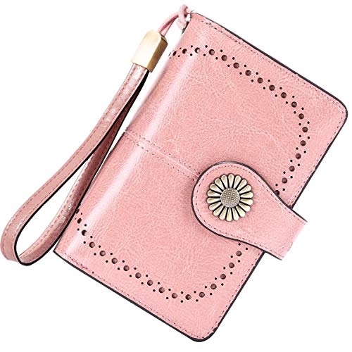 Cartera Mujer Mediana Bloqueo RFID Billeteras Mujer Piel Autentica con Cremallera, Gran Capacidad Billetera Monedero Mujer con Portafoto, Carteras Elegante Mujer con Correa Muñeca 13 Tarjetas (Rosa)