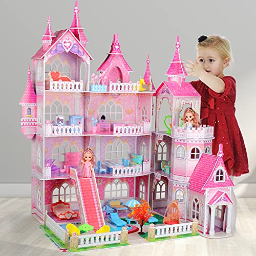 Casa de Muñecas Castillo Enorme con Luces LED,Casa de Ensueño de 4 Pisos,97cmx88cmx59cm,10 Habitaciones y 48 Piezas de Muebles y Accesorios para Muñecas,Juguete de Casa de Muñecas para Niña Pequeños