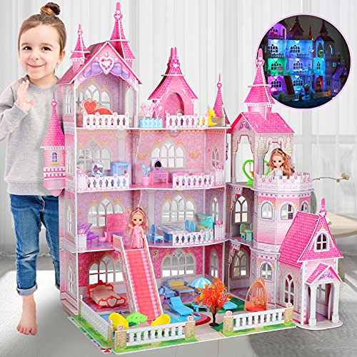 Casa de Muñecas Castillo Enorme con Luces LED,Casa de Ensueño de 4 Pisos,97cmx88cmx59cm,10 Habitaciones y 48 Piezas de Muebles y Accesorios para Muñecas,Juguete de Casa de Muñecas para Niña Pequeños