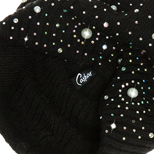 Caspar MU143 Gorro de Punto para Mujer con Pompón Grande y Perlas, Color:negro, Talla:Talla Única