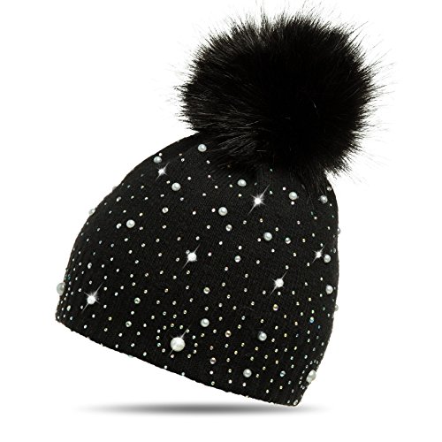 Caspar MU143 Gorro de Punto para Mujer con Pompón Grande y Perlas, Color:negro, Talla:Talla Única