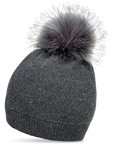 Caspar MU191 Gorro de Punto de Invierno para Mujer con Pompón y Estrás, Color:gris oscuro, Talla:Talla Única