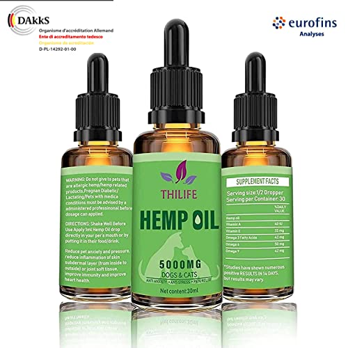 Cbd,Aceite de cáñamo orgánico perro y gato 5000 mg, 30 Ml con Omega 3/6/9 para mascotas. | Antiestrés, reduce la ansiedad y mejora el sueño. Prensado en frío