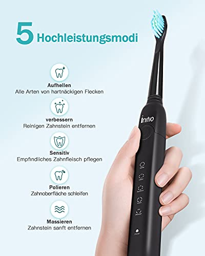 Cepillo de dientes eléctrico Initio, 5 modos con temporizador inteligente, motor de 40.000 VPM, recargable, cepillo de dientes ultrasónico para blanquear, 3 cabezales incluidos, color negro