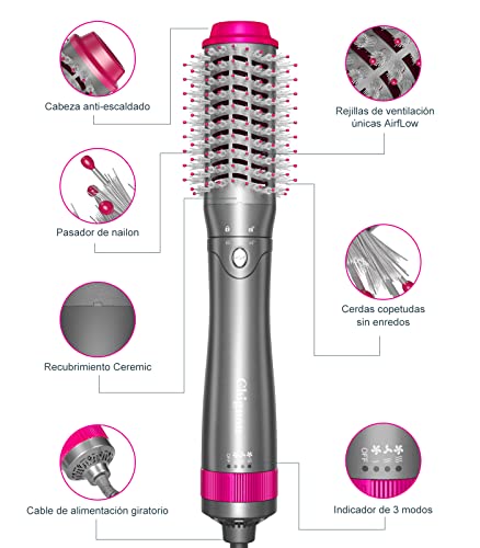 Cepillo Secador de Pelo,Cepillo Alisador de Pelo,Multifuncional Ion Negativo Cepillo de Aire Caliente & Cepillo Voluminizador con Cabezal de Cepillo Intercambiable