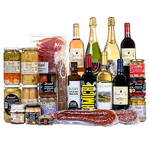 Cesta Navidad de regalo Lote Riojano gourmet / Cestas de Navidad para regalar / Lotes originales de La Rioja de productos gourmet vino tinto Rioja verdejo conservas cava embutidos