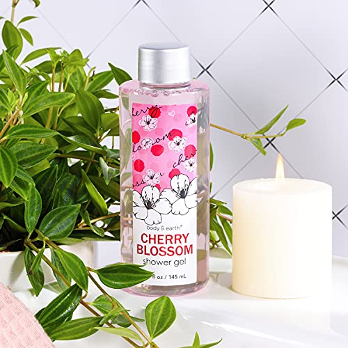 Cestas Regalo Mujer, Body & Earth Set Regalo Mujer 4Piezas Fragancia Flor de Cerezo con Gel de Ducha, Baño de Burbujas, Loción Corporal, Flor de Baño Pack Regalos Mujeres para Cumpleaño Fiesta Navidad