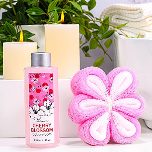 Cestas Regalo Mujer, Body & Earth Set Regalo Mujer 4Piezas Fragancia Flor de Cerezo con Gel de Ducha, Baño de Burbujas, Loción Corporal, Flor de Baño Pack Regalos Mujeres para Cumpleaño Fiesta Navidad