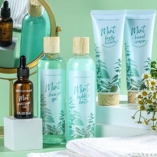 Cestas Regalo Mujer, Green Canyon Spa Regalos Mujer 11 Piezas Aroma de Menta Orgánica Gel de Ducha, Bombas de Baño, Crema de Manos, Loción Corporal Cestas Regalo Spa para Navidad Cumpleaños Festival