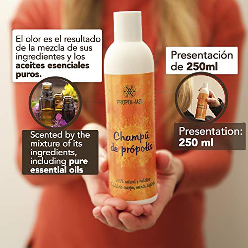 Champu pH neutro con Propoleo - 250 ml. Champu natural certificación BIO, sin sulfatos. Regenera, hidrata, suaviza, da brillo y volumen al cabello; protege el cuero cabelludo.