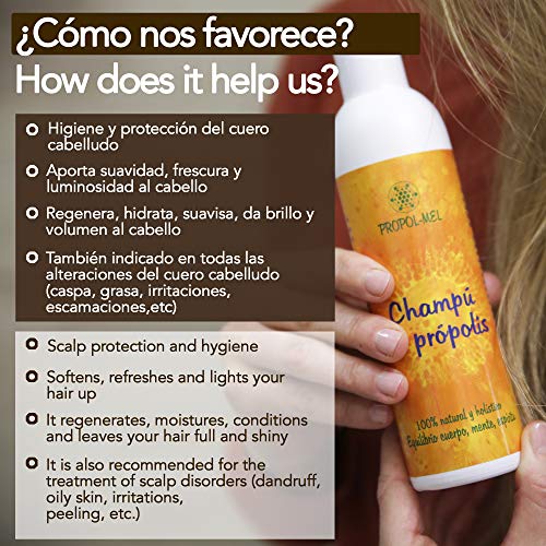 Champu pH neutro con Propoleo - 250 ml. Champu natural certificación BIO, sin sulfatos. Regenera, hidrata, suaviza, da brillo y volumen al cabello; protege el cuero cabelludo.