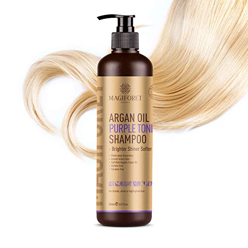 Champú Rubio, Champú Azul, MagiForet Champú Morado con Aceite de Argán 500ml, con esencia de seda, Protección UV, Sin sulfato Sin parabenos Para cabello rubio con reflejos grises plateados