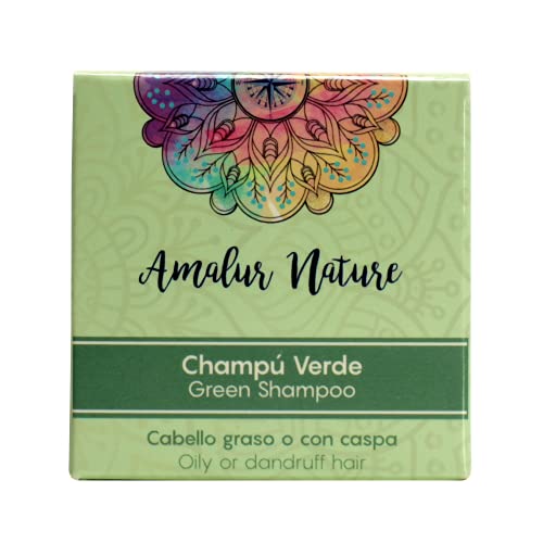 Champú sólido verde sin sulfatos, 50 gr - Cabello graso, dermatitis o con caspa - Apto para barba - Amalur Nature