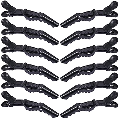 Changrongsheng 12 Piezas Pinzas de Pelo de Cocodrilo de Plástico 11cm Clips de Cocodrilo Alligator Antideslizantes Pinzas de Peluqueria Profesional para Marcar Peinar Planchar el Pelo, Negro