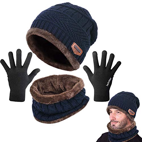 CheChury Bufanda Gorro Guantes Beanie Unisexo Set de Bufanda Conjunto de Guantes Táctiles Antideslizante Punto Sombreros Invierno Regalos Hombre Mujer,Azul,Onesize