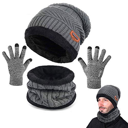 CheChury Bufanda Gorro Guantes Beanie Unisexo Set de Bufanda Conjunto de Guantes Táctiles Antideslizante Punto Sombreros Invierno Regalos Hombre Mujer,Gris,Onesize