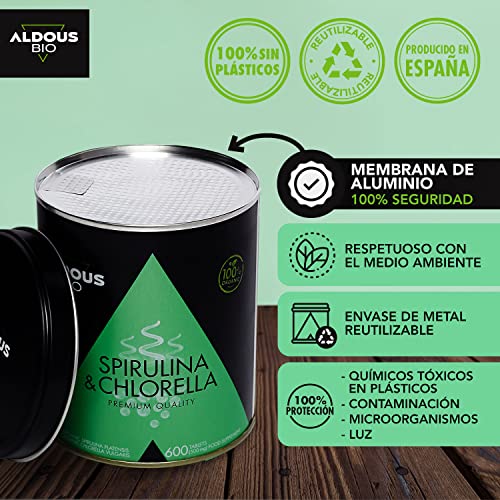 Chlorella y Espirulina Ecológica Premium para 6 meses | 600 comprimidos de 500mg | Vegano - Saciante - DETOX - Proteína Vegana - Sin Aditivos | Certificación Ecológica Oficial