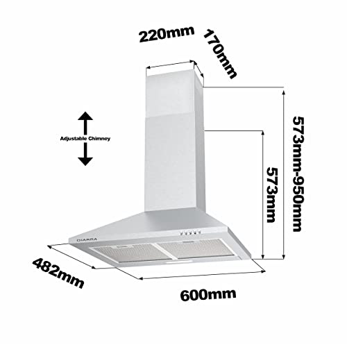 CIARRA CBCS6201 Campana Extractora Cocina 60cm 370m³/h 70W - 3 Velocidades de Extracción - Evacuación al Exterior y Recirculación Interna por Filtro de Carbón CBCF002X2 - Acero Inoxidable