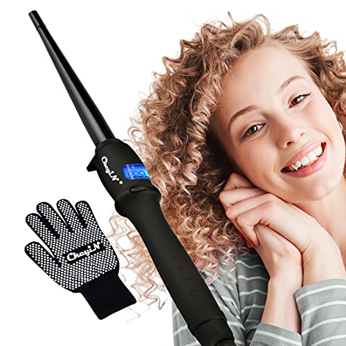 CkeyiN Rizador de Pelo Profesional Moldeador Cabello de Cerámica con 360 °Cable Giratorio y la Pantalla LCD Cono Curling Cabello Pelo Wand Rodillos (9-19mm)+Solo 1 Guante Anti-escaldadura (B1)