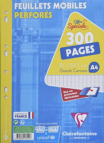 Clairefontaine 17551C Un Étui de Feuillets Mobiles Perforés - A4 21x29,7 cm 300 Pages Grands Carreaux Papier Clairefontaine Blanc 90 g - Étui Réutilisable