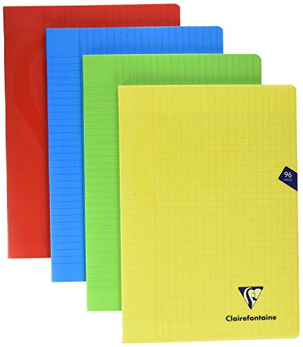 Clairefontaine 294161AMZ Lot de 4 Cahiers Agrafés Mimesys - A4 21x29,7 cm - 96 Pages Grands Carreaux - Papier Blanc 90 g - Couverture Polypro (Bleu, Rouge, Jaune, Vert)