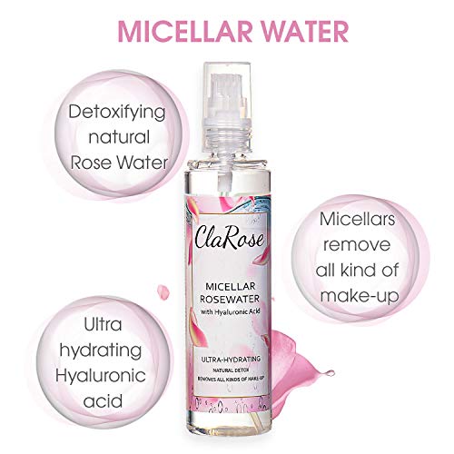 ClaRose - Agua micelar con ácido hialurónico y agua de rosas 100 % vegana (150 ml) y mascarilla facial con aceite de rosas y ácido hialurónico (100 ml)