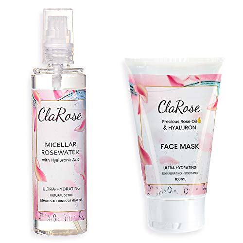 ClaRose - Agua micelar con ácido hialurónico y agua de rosas 100 % vegana (150 ml) y mascarilla facial con aceite de rosas y ácido hialurónico (100 ml)