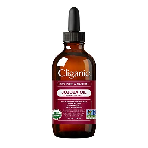 Cliganic Aceite de Jojoba Bio, 100% Puro Ecologico (60ml) prensado en frio, natural vegano, sin hexano | para cabello, cara, cuticulas, pelo, masajes | certificado orgánico vegetal | 90 días garantía