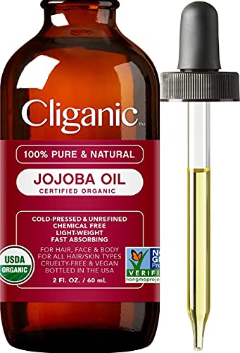 Cliganic Aceite de Jojoba Bio, 100% Puro Ecologico (60ml) prensado en frio, natural vegano, sin hexano | para cabello, cara, cuticulas, pelo, masajes | certificado orgánico vegetal | 90 días garantía