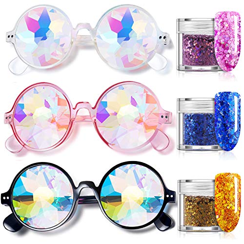 CNNIK 3 Piezas de Gafas de caleidoscopio con 3 Piezas de Lentejuelas Brillantes Brillo cosmético de Lentes de Lentes Multicolores para decoración de Cara de Concierto de Vacaciones