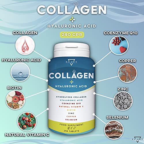 COLAGENO HIDROLIZADO 2000MG - 240 TABLETAS | Colageno con Acido Hialuronico | Colágeno, Ácido Hialurónico, Coenzima Q10, Vitamina C, Biotina y Zinc para Piel, Cabello, Huesos y Articulaciones